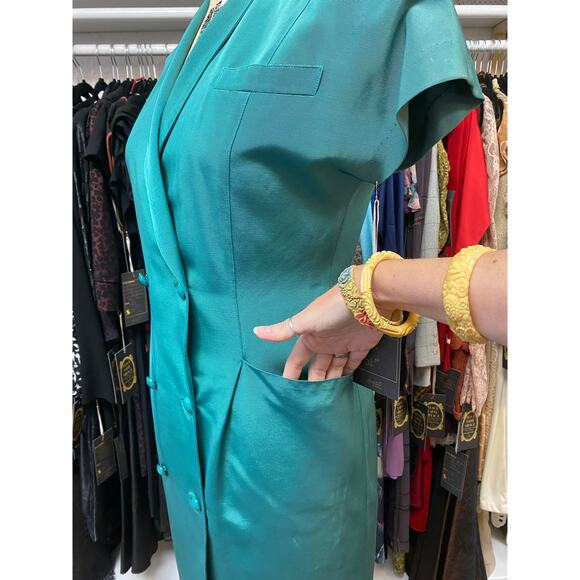 vintage 1980s Ted Lapidus emerald green faille double breasted dress med 80s 31 - Picture 5 of 12